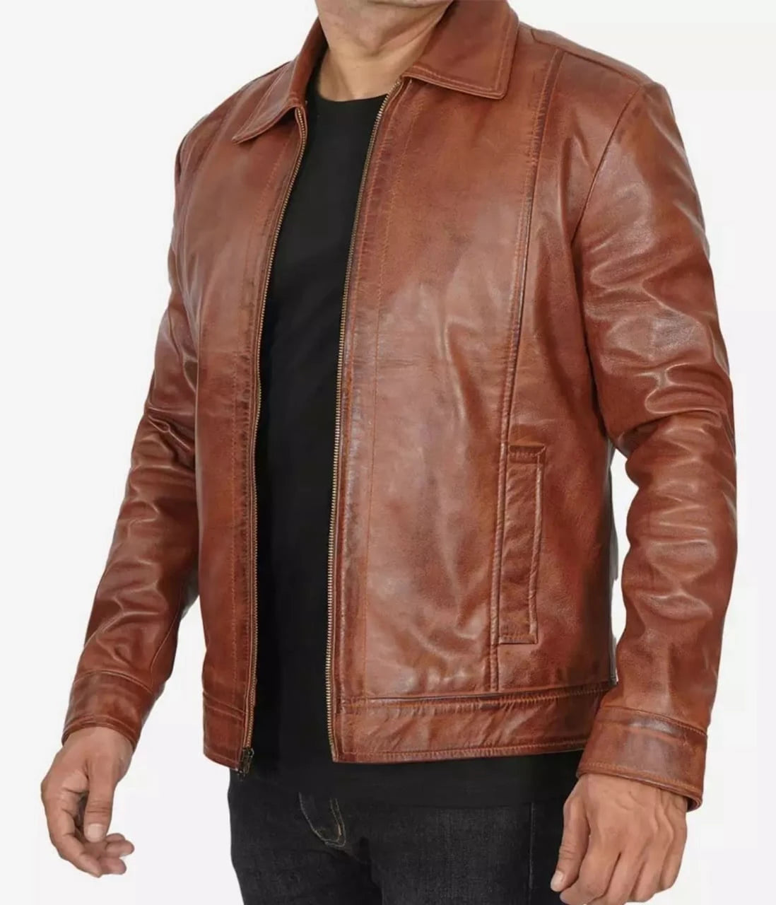 Elegant Jacket - Brown leather bomber jacket