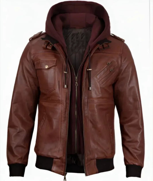 Leather and hoodie jacket - cafe racer leather jacket