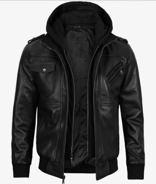 Versatile Black Leather Jacket with Attached Hoodie for a Stylish and Comfortable Look