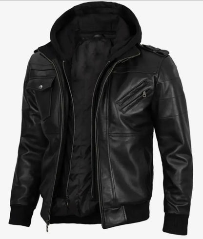 Versatile Black Leather Jacket with Attached Hoodie for a Stylish and Comfortable Look