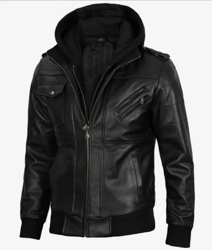 Versatile Black Leather Jacket with Attached Hoodie for a Stylish and Comfortable Look