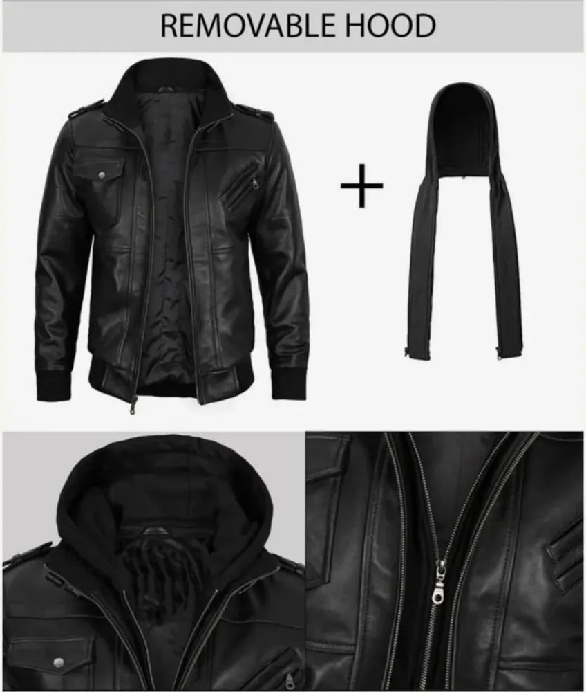 Versatile Black Leather Jacket with Attached Hoodie for a Stylish and Comfortable Look