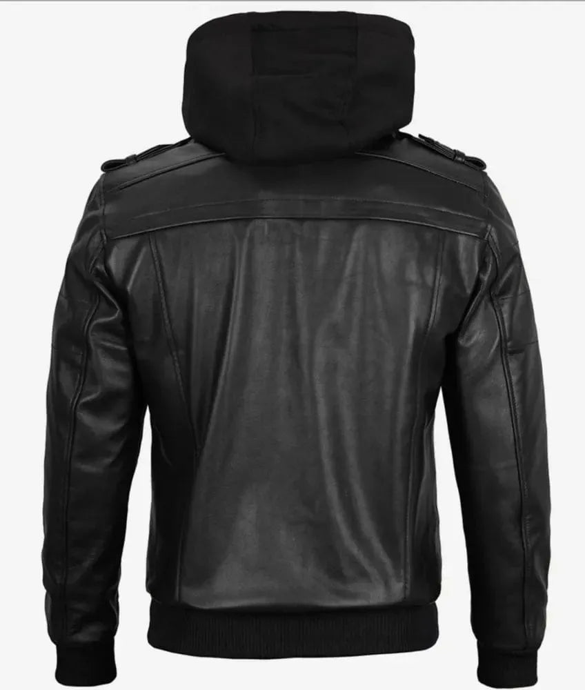 Versatile Black Leather Jacket with Attached Hoodie for a Stylish and Comfortable Look