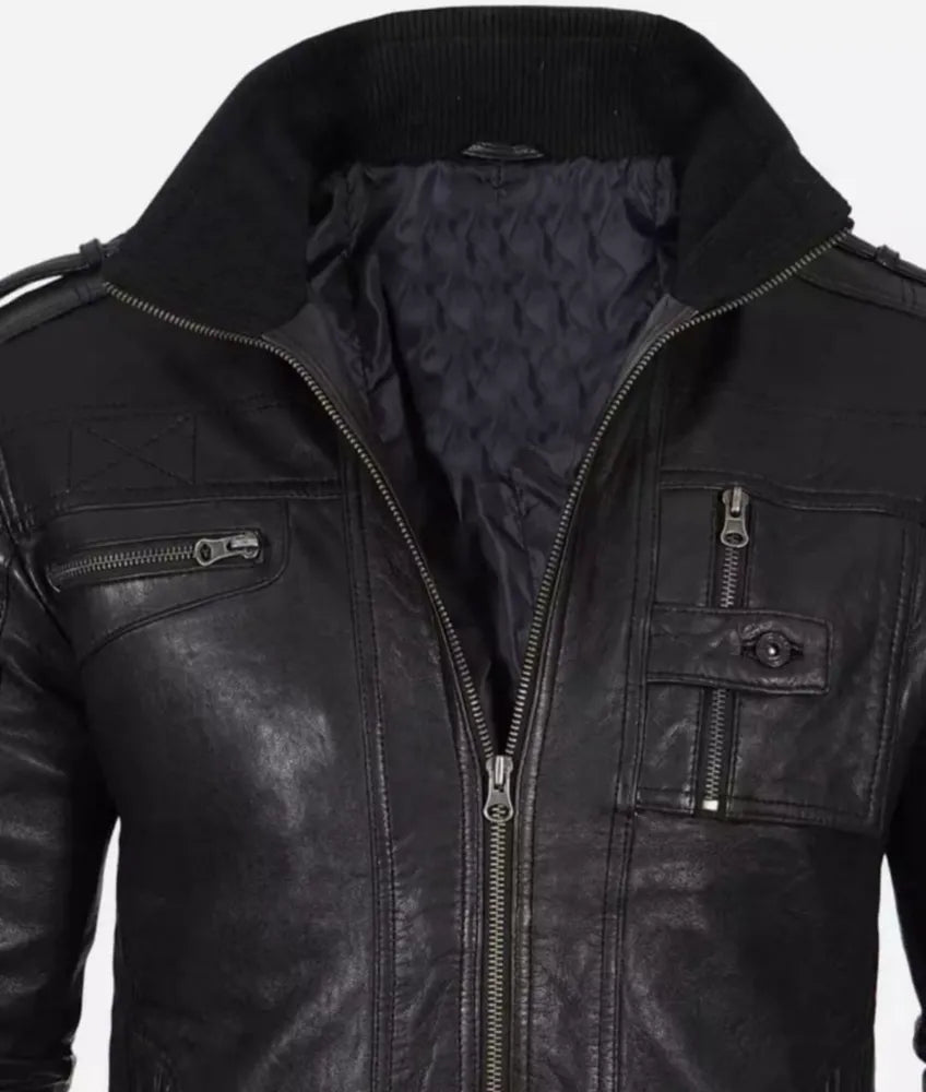 Men's Cafe Racer Leather Jacket - Black Leather Jacket