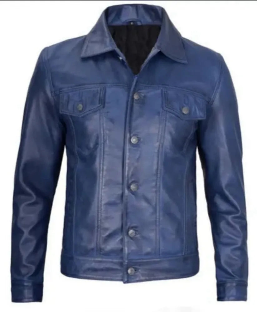 Blue Leather Jacket - leather sherpa jacket