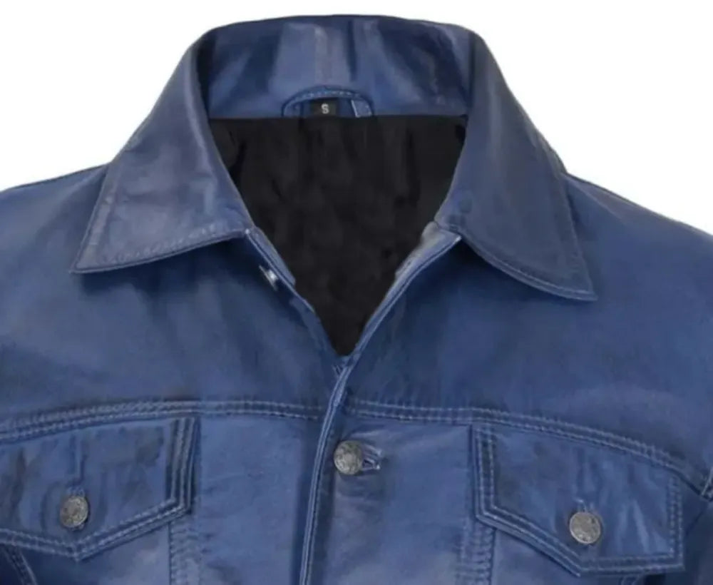 Blue Leather Jacket - leather sherpa jacket