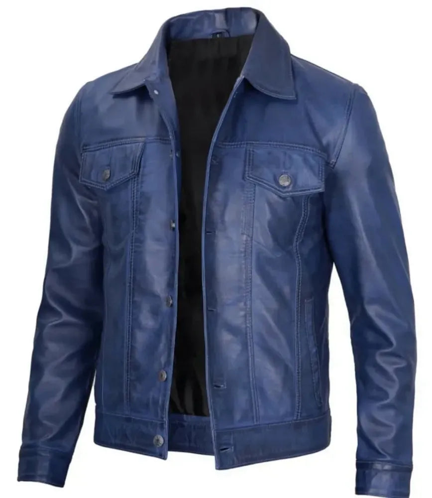 Blue Leather Jacket - leather sherpa jacket