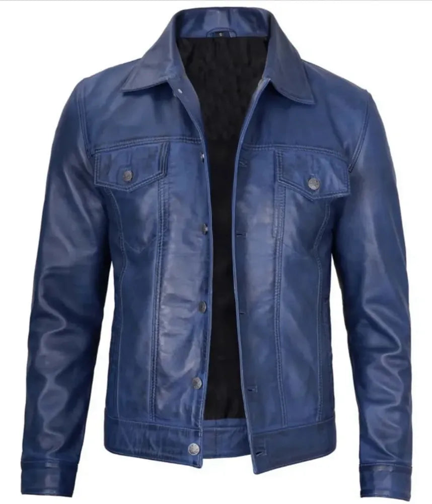 Blue Leather Jacket - leather sherpa jacket