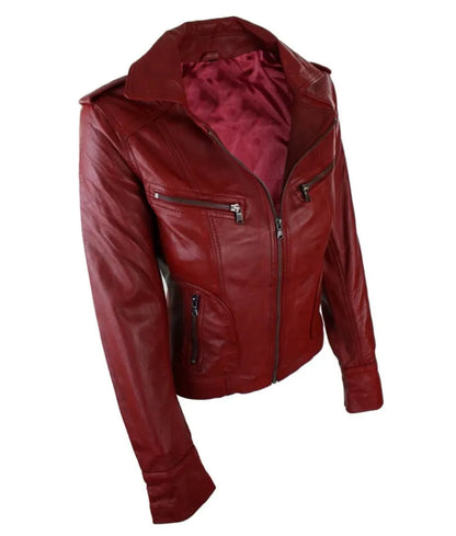 Women's Short Slim Fit Biker Leather Jacket - leather jacket red women