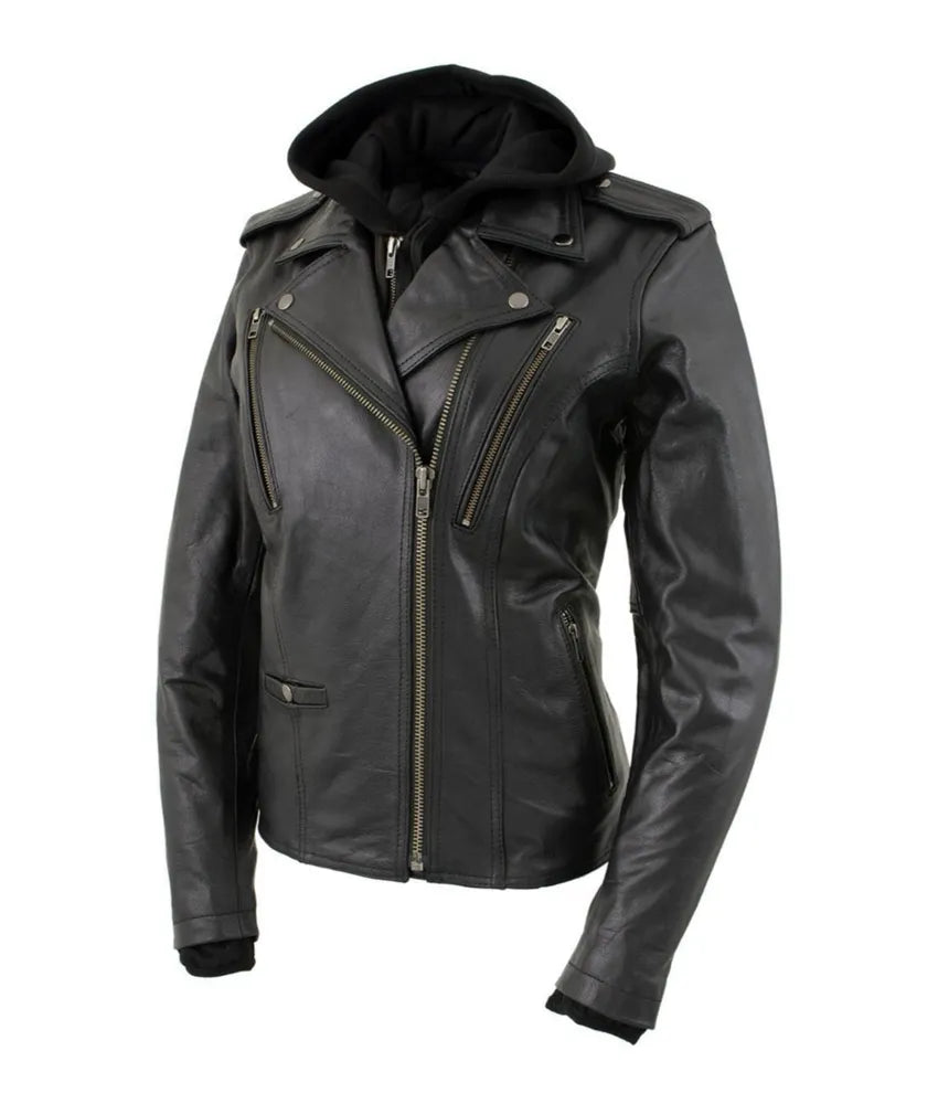 Women's Black Hooded and Vented Motorcycle Biker Leather Jacket