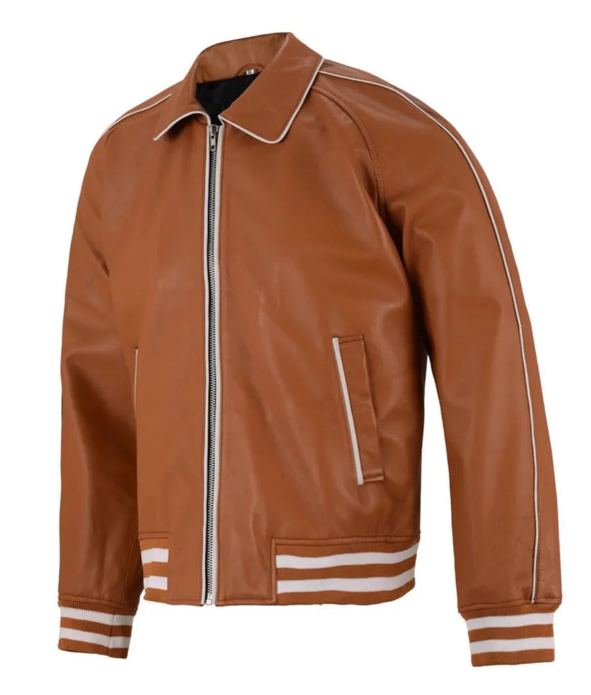 Brown leather bomber jacket - men's leather varsity jacket