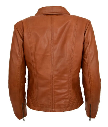 Women's Classic Leather Biker Zip Box Jacket Nova Tan