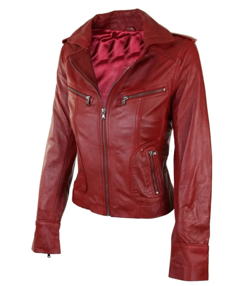 Women's Short Slim Fit Biker Leather Jacket - leather jacket red women