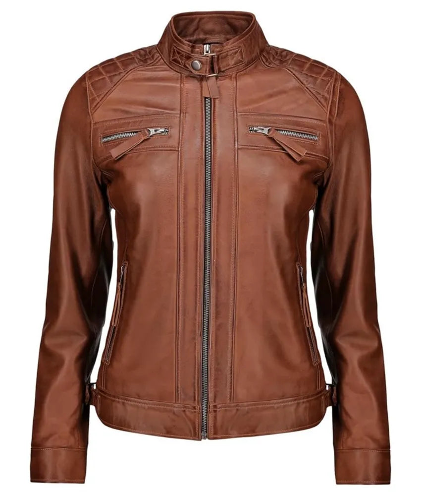 Cafe Racer Leather Jacket - Ladies leather motorcycle jacket