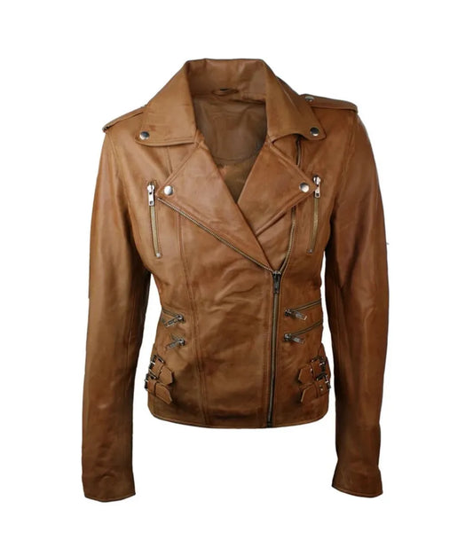 Women's Biker Leather Tan Jacket