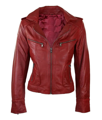 Women's Short Slim Fit Biker Leather Jacket - leather jacket red women