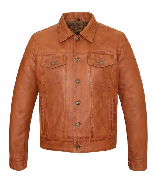 Brown leather bomber jacket - Trucker Leather Jacket