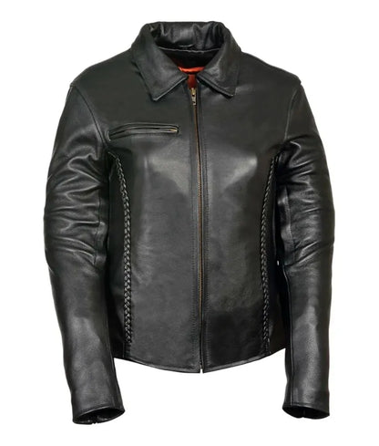 Women's Black Leather Jacket with Shirt Style Collar - leather motorcycle jacket