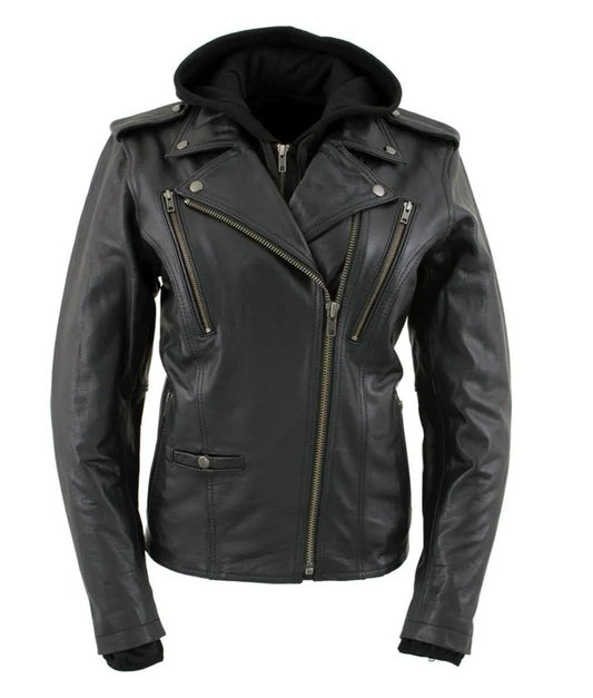 Women's Black Hooded and Vented Motorcycle Biker Leather Jacket