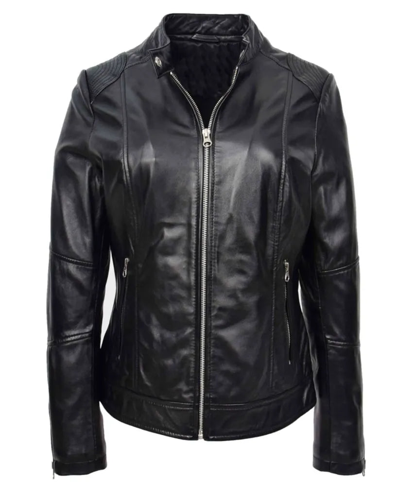 Women's Real Leather Biker Jacket Zip up Casual Connie Black