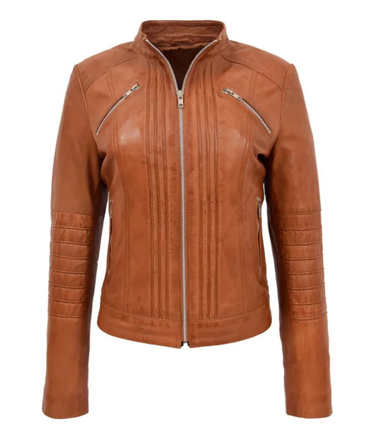 Women's Leather Classic Biker Style Jacket Alice Tan