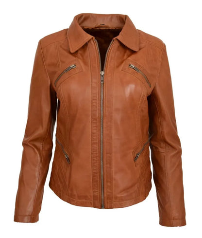 Women's Classic Leather Biker Zip Box Jacket Nova Tan