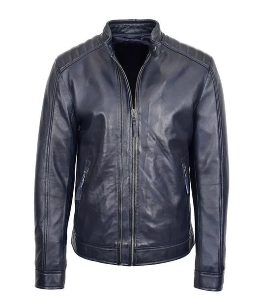 Men's Biker Leather Jacket - navy blue leather jacket - Leather retro jacket