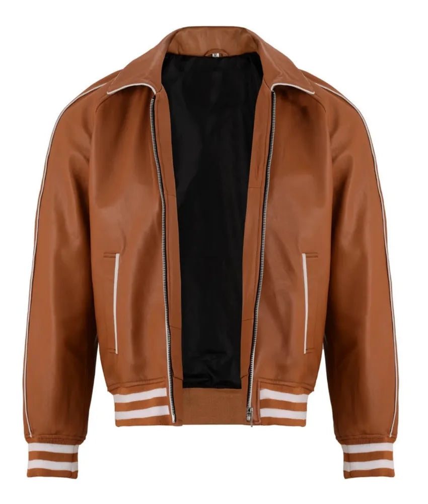 Brown leather bomber jacket - men's leather varsity jacket