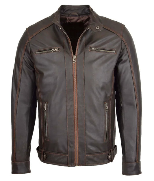 Leather Biker Style Zip Jacket - Cowhide leather jacket