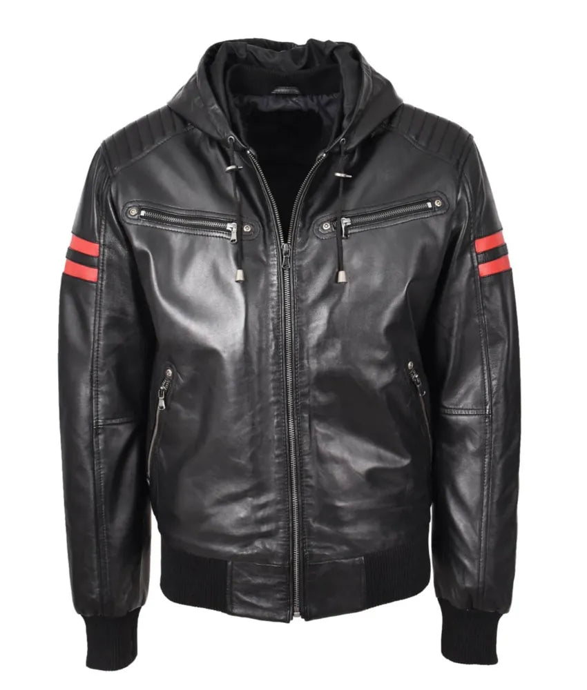 Leather Bomber Jacket Hooded - Black leather jacket