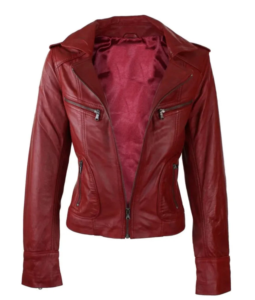 Women's Short Slim Fit Biker Leather Jacket - leather jacket red women