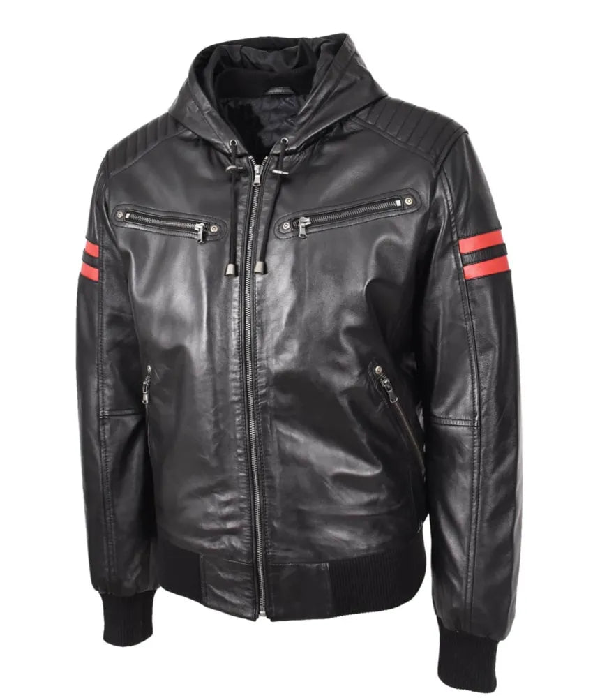 Leather Bomber Jacket Hooded - Black leather jacket