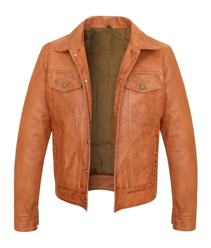 Brown leather bomber jacket - Trucker Leather Jacket