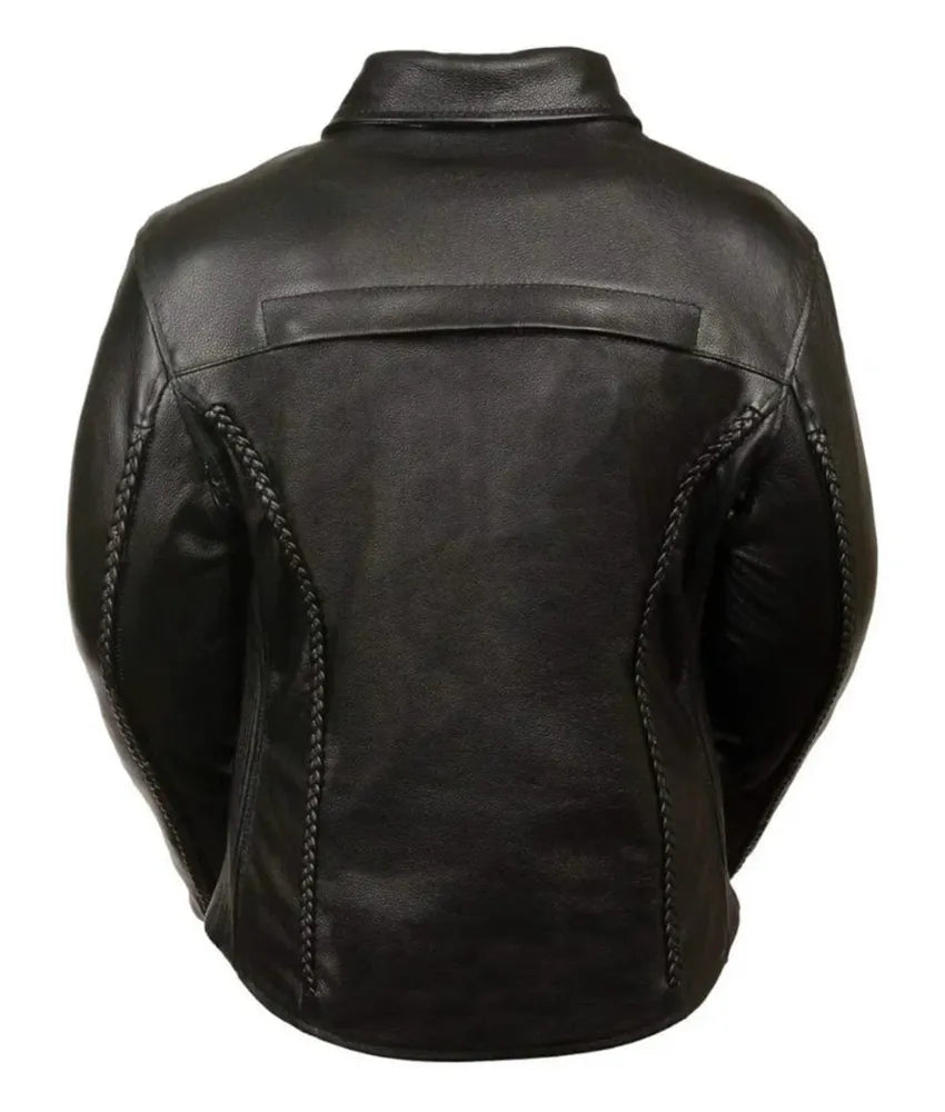 Women's Black Leather Jacket with Shirt Style Collar - leather motorcycle jacket