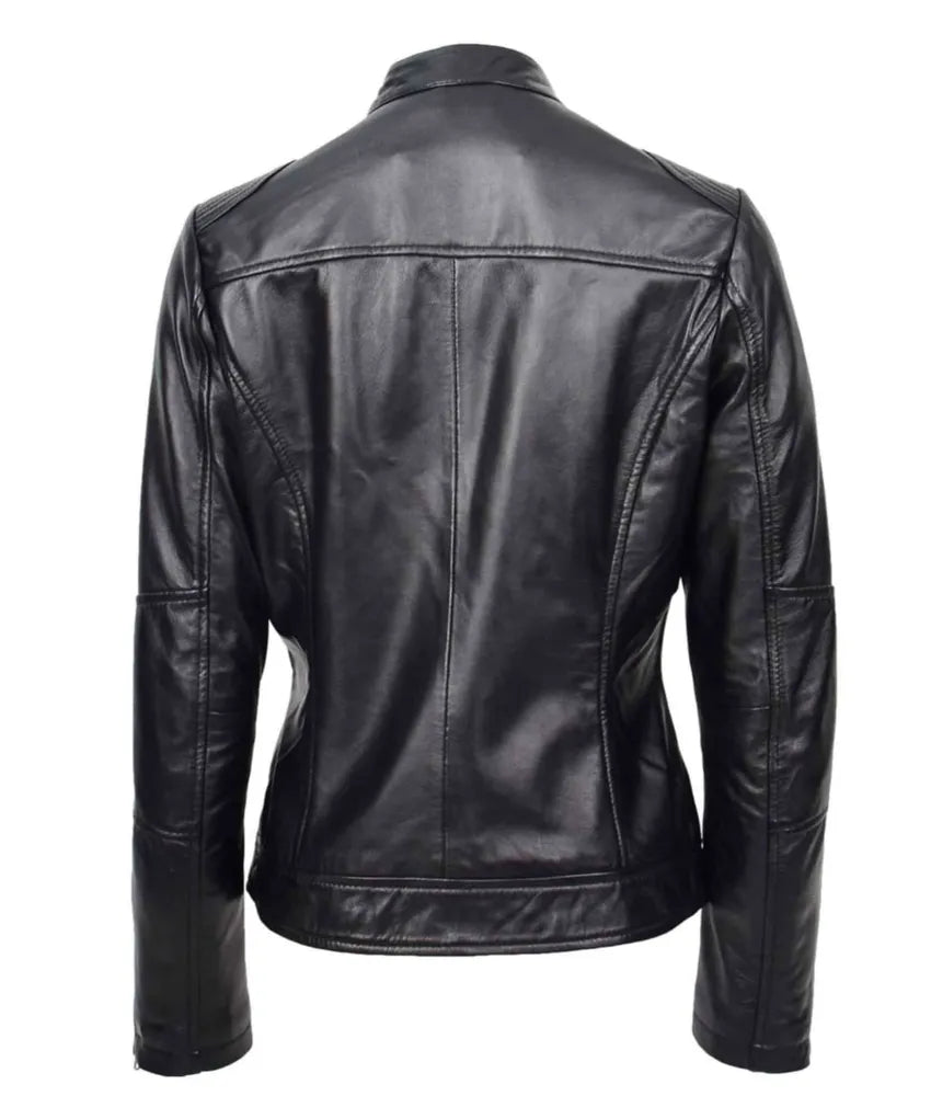 Women's Real Leather Biker Jacket Zip up Casual Connie Black