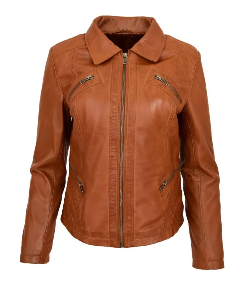 Women's Classic Leather Biker Zip Box Jacket Nova Tan