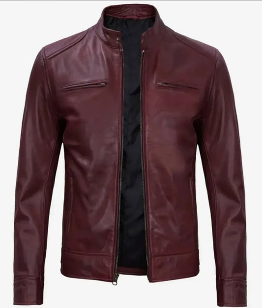 Men's Real Lambskin Leather Jacket - Maroon Leather Jacket - Quilted Shoulder