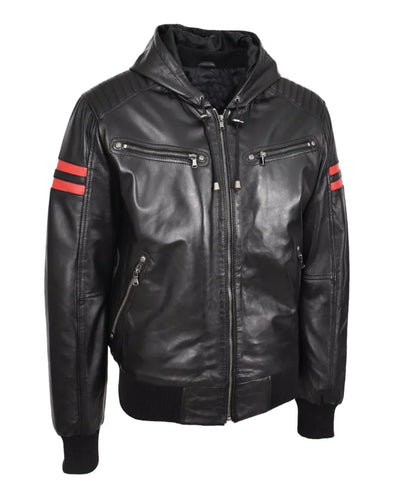 Leather Bomber Jacket Hooded - Black leather jacket