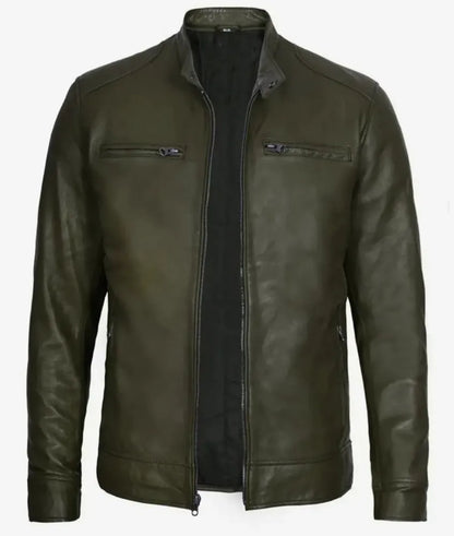 Men's Shirt Collar Military Green Leather Jacket