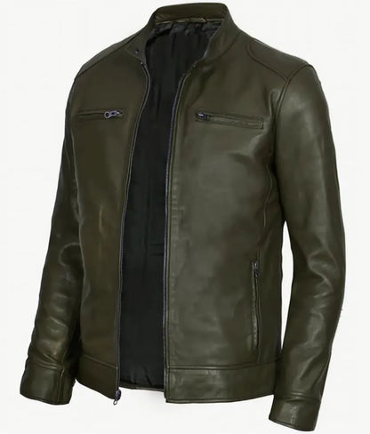 Men's Shirt Collar Military Green Leather Jacket