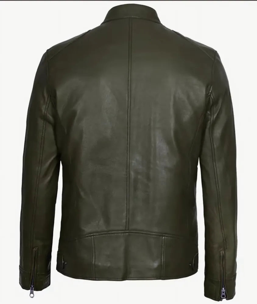 Men's Shirt Collar Military Green Leather Jacket