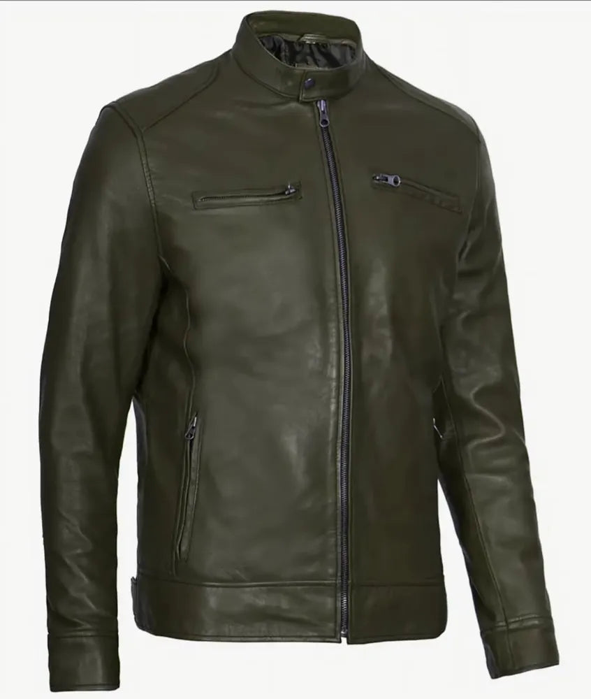 Men's Shirt Collar Military Green Leather Jacket