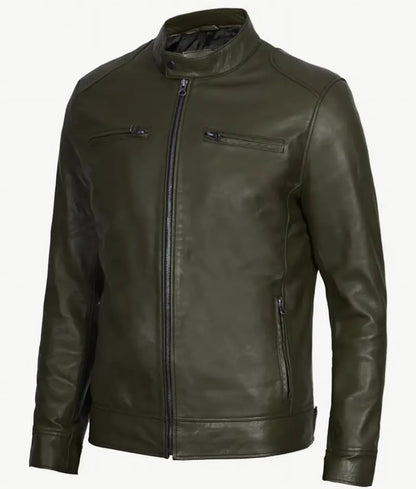 Men's Shirt Collar Military Green Leather Jacket