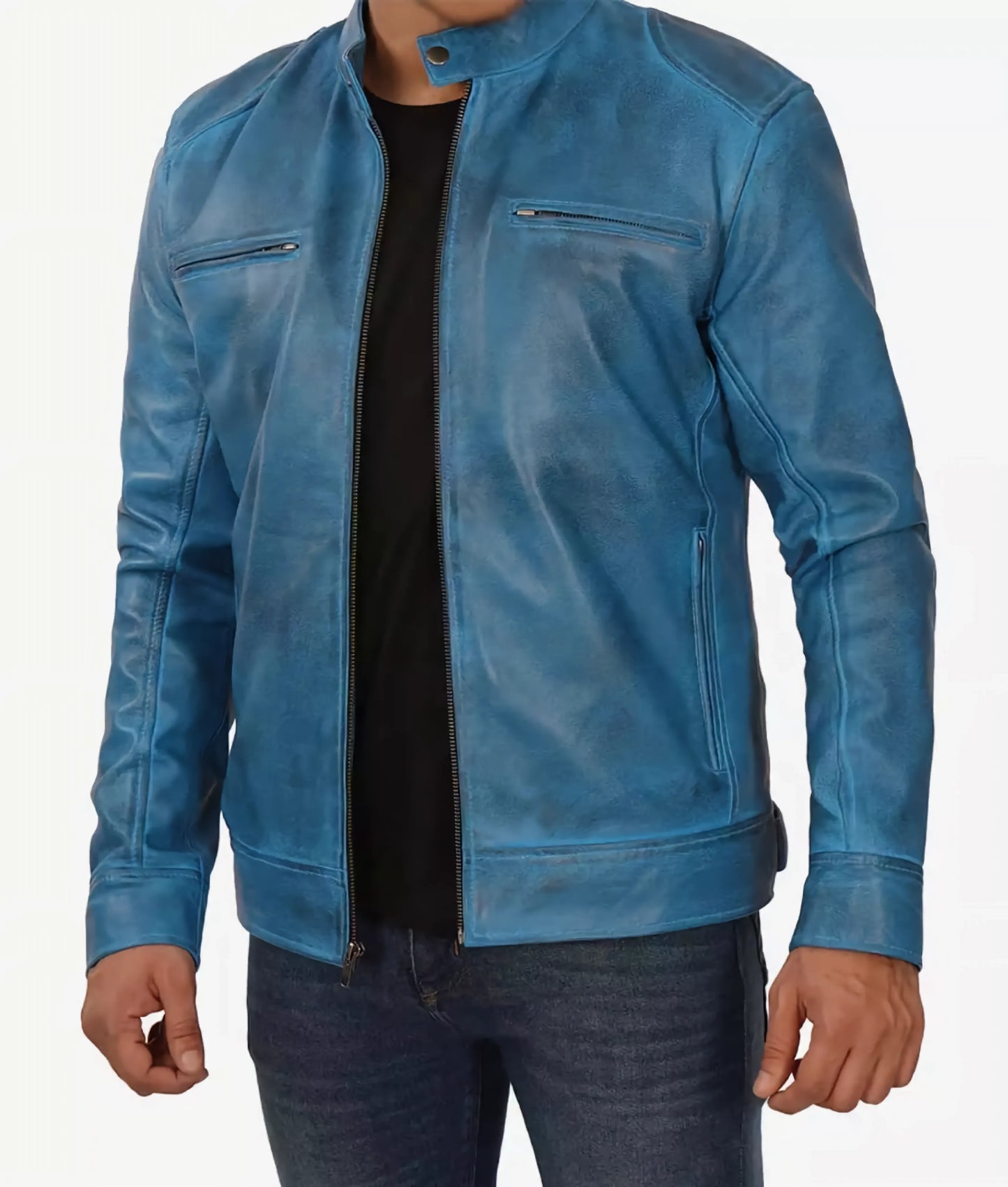 Men's Blue Lambskin Leather jacket - Cafe Racer leather Jacket