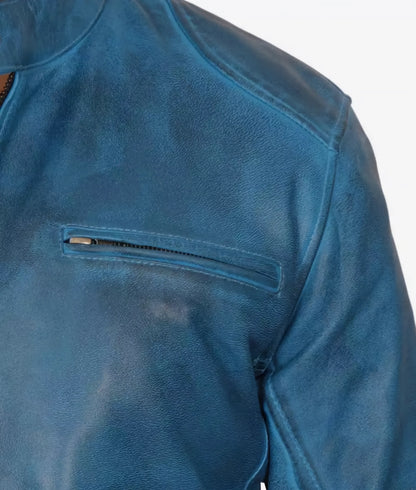 Men's Blue Lambskin Leather jacket - Cafe Racer leather Jacket