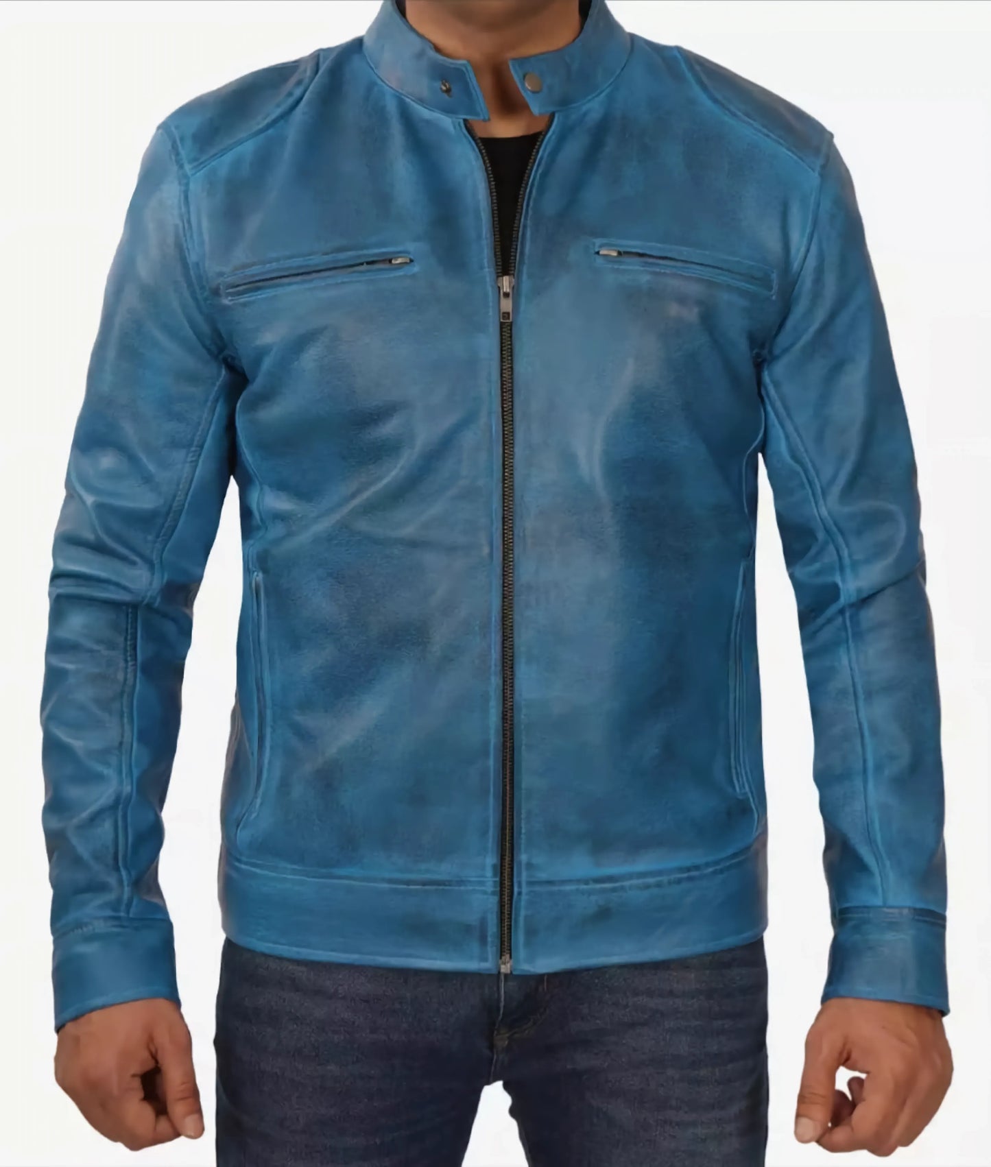 Men's Blue Lambskin Leather jacket - Cafe Racer leather Jacket