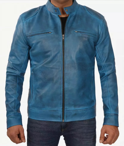 Men's Blue Lambskin Leather jacket - Cafe Racer leather Jacket