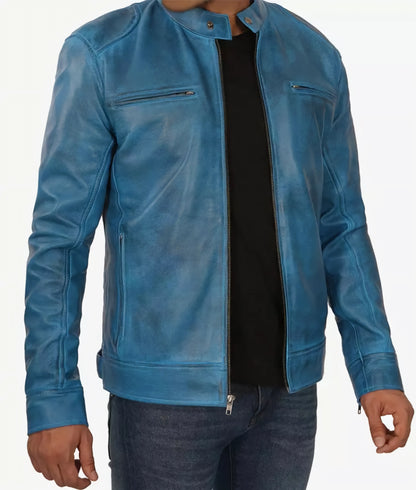 Men's Blue Lambskin Leather jacket - Cafe Racer leather Jacket