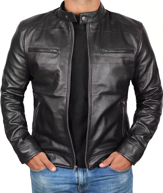 Black Cafe Racer Leather Jacket - Leather bomber jackets for men