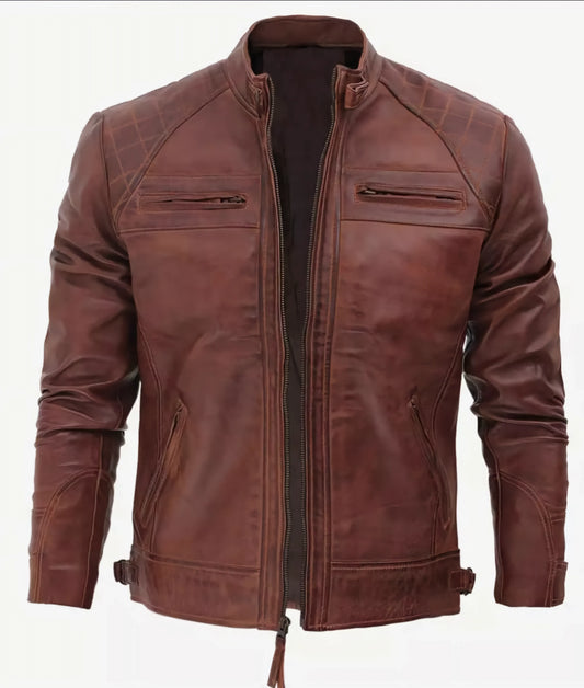 Men's Cognac Brown Motorcycle Leather Jacket - Quilted Shoulders